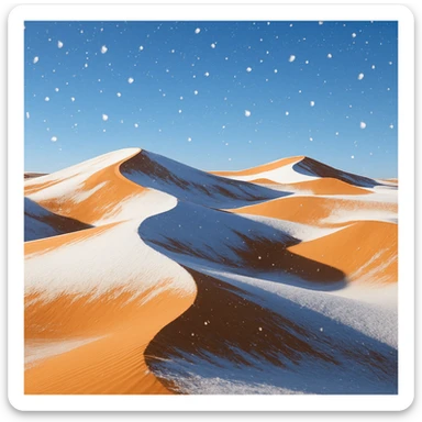 snow falling in a desert landscape, sand dunes with a layer of snow, clear sky sticker