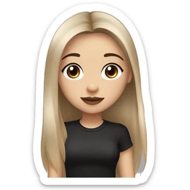 Slavic girl, light skin, long eye lashes, pink beige lipstick, brown eyes, long black-to-blonde ombre straight hair, black T-shirt, chibi, smiling. sticker