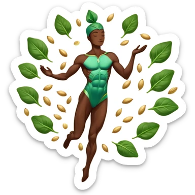 Floating spinach leaves, golden almonds, shining dark chocolate pieces, and ethereal seeds orbiting around a resting body silhouette. Soft light lines flowing from these foods toward relaxed muscles and a glowing nervous system within the body, creating a calm, restorative energy. sticker