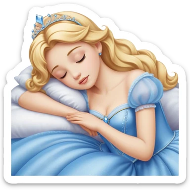 Cinematic Realistic Sleeping Cinderella Portrait, portrayed with exceptional realism: her luminous porcelain skin and exquisitely detailed golden-blonde hair lie softly under the gentle caress of natural light. Her eyes are peacefully closed in a serene, dreamlike slumber, and every fold and shimmer of her iconic ball gown is rendered with painstaking detail. The overall composition radiates a quiet, enchanting glow that encapsulates the timeless, restful beauty of a princess lost in a gentle, magical dream. sticker