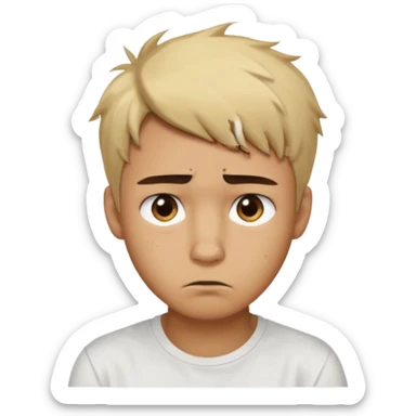 caramel skin color. Teen age. Short buzz, messy blonde hair, dark brown bushy eyebrows large expressive golden-brown eyes, brown skin color, scar over nose, wearing a plain white t-shirt. Disappointed thinking facial expression. caramel skin color. 20 year old male. sticker