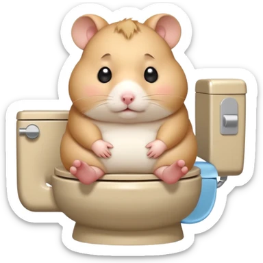 Cute chubby cartoon-style hamster sitting on toilet looking as if he had an accident, sticker-style illustration sticker