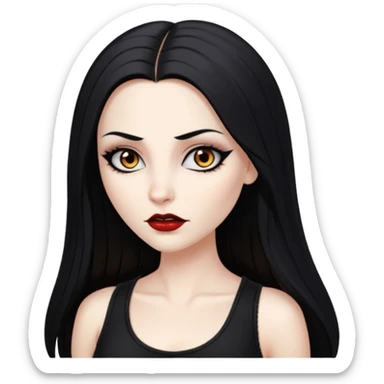 White woman with a white tank top long black hair glossy middle part straight long hair vampire look  brown eyes eyeliner winged with lashes top and bottom white border big lips black eyebrows sticker