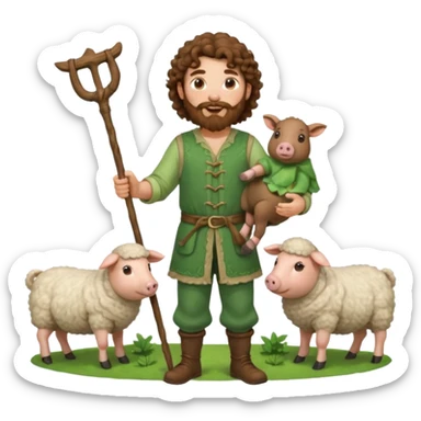 happy young shepard with long curly brown beard and long curly brown hair, in green magical outfit, with wooden shepard stick in hands, taking care of sheep and pigs sticker
