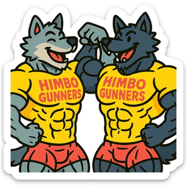 pair of ultra-muscular wolf furries wearing 'Himbo gunners' t-shirts, flexing and touching each other's biceps, cheerful and energetic, very large, defined, and detailed muscles, ultra high quality sticker