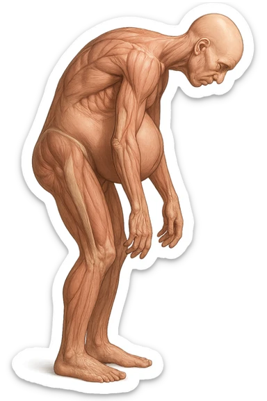 corpo umano anatomico realistico che si butta con la schiena e le spalle in avanti, pancia sporgente e postura delle spalle chiuse, isolato su sfondo bianco sticker