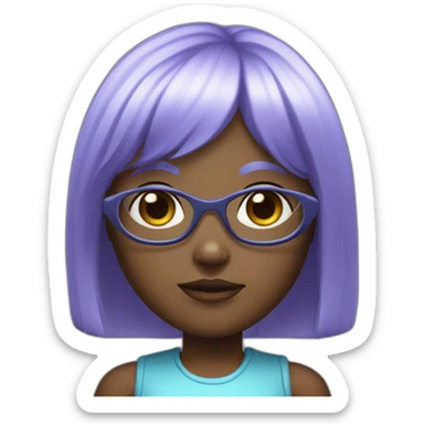 A girl with light blue hair.She has dark skin.Her hair is very long and straight.She has bangs.She has purple eyes.She also has sci-fi glasses.She has a robotic. sticker