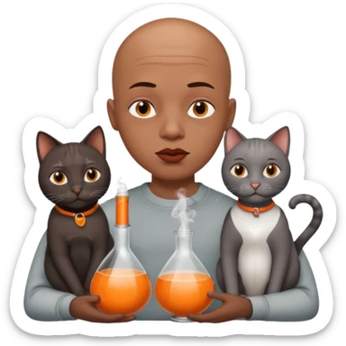Bald headed boy with extremely big lips smoking from a glass pipe while cuddling two cats one orange and one grey  sticker