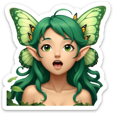 Cinematic Realistic Forest Nymph Fairy Portrait, head tilted slightly with a dramatic, wide-open yawn, revealing a tender, relaxed visage with finely detailed tanned skin and flowing, vine-adorned dark green hair gently framing her face. Her sleepy eyes exude a serene, dreamlike quality as soft natural sunlight filters through the canopy, showing her large butterfly wings from her back capturing the essence of a drowsy yet captivating forest nymph drifting into peaceful slumber. sticker