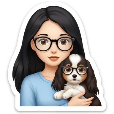A beautiful girl with long black hair and glasses is holding a long-haired white and brown puppy sticker