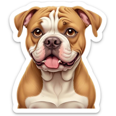 Cinematic Comical Solid Tan American Bulldog Portrait Emoji, Head tilted dramatically with an exaggeratedly shocked or offended expression, short tan fur with a slightly wrinkled forehead, wide, expressive brown eyes filled with exaggerated disbelief, Simplified yet hilariously expressive features, highly detailed, glowing with a slightly sassy glow, high shine, dramatic yet playful, stylized with an air of attitude, bright and endearing, soft glowing outline, capturing the essence of a sassy and over-the-top pup, so meme-worthy it feels like it could side-eye its way into internet fame instantly! sticker