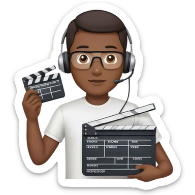 asian male movie director wear headset, tsirts who holds a movie slate sticker