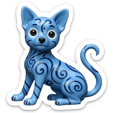 The image is of a small figurine of a blue dog. The dog is sitting on its hind legs with its front paws stretched out in front of it. The body of the dog is covered in a pattern of blue and black swirls, giving it a textured appearance.  sticker