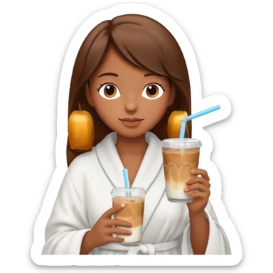 Side profile of a girl with brown hair in a robe and towel sipping iced coffee sticker