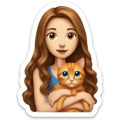long haired brunette girl with blue eyes holding one chubby orange tabby cat sticker