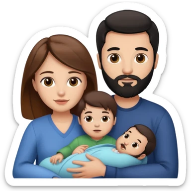 Una mujer con pelo castaño y ojos marrones y un hombre con pelo negro y barba y un solo bebe sticker