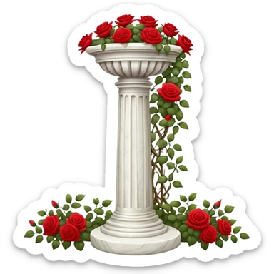 White tall marble pedestal with vines growing and gorgeous roses flowers beautiful romantic scenery garden scenic  sticker