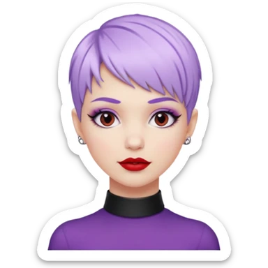 trendy white girl, pastel purple pixie hairstyle, black choker, red lipstick, lip ring, half smile, fashion-forward sticker