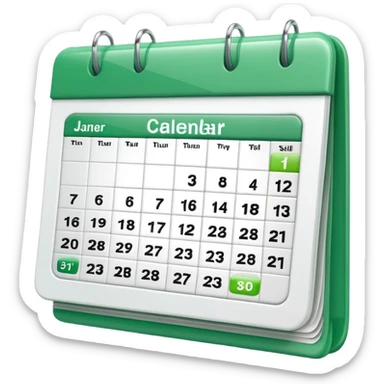 A glossy 3D icon of a clean digital calendar with green (#16A34A) accent highlights, floating pages, subtle shadows, and a modern SaaS-UI look. Soft reflections, rounded edges, friendly professional style. Represents scheduling and reservation management. sticker