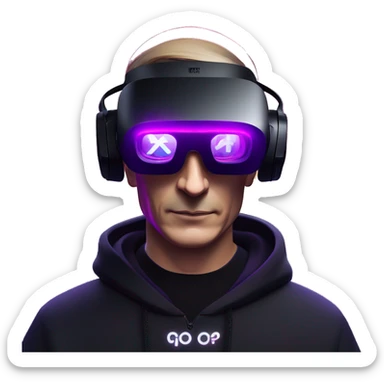 Vladimir Putin wearing a black hoodie with "OMG" letters on it and VR headset oculus quest 2 in a cyberpunk VR environment with violet neon lighting. sticker