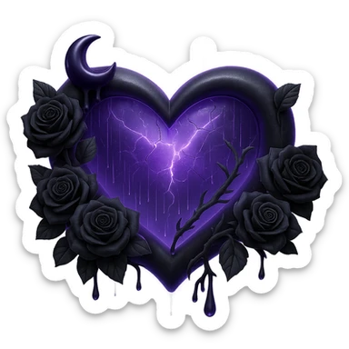 Add a glowing aura around the gothic heart, keeping the prominent black roses, translucent purple glass, crescent moon with black drips, faint lightning bolts, much more rain and thick mist, cracked glass with glowing mist. The style should resemble 3D emoji style. Remove the background. sticker