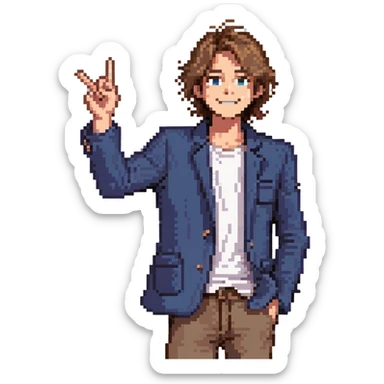 Flat pixel are, lively and clever male debater, fair skin, medium-length messy light brown hair, sharp eyes with a mischievous smile, wearing indigo blazer over a casual t-shirt, one hand raised mid-gesture, the other holding a floating speech bubble, waist-up, front-facing sticker