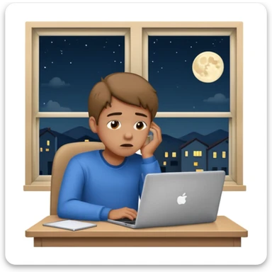 tired student with laptop, window at night behind, head tilted back sticker