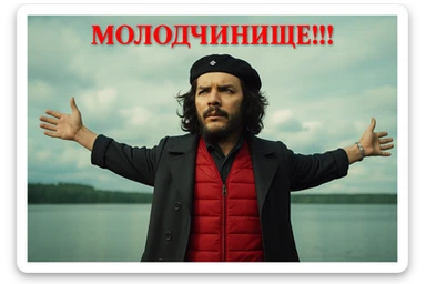 Сгенерируй мне в такой же позе и в такой же одежде Че Гевара (как на 2 фото) sticker