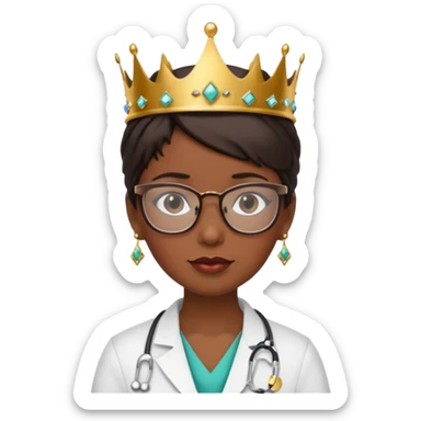 female doctor very short dark brown hair with glasses and earings and a crown sticker
