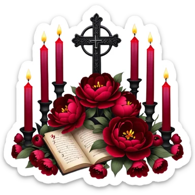 A dark, romantic composition featuring deep red peonies and pansies intertwined with blackened love letters, surrounded by glowing crimson candles. Butterflies in various shades of red flutter around Gothic crosses, creating an eerie yet passionate atmosphere. sticker