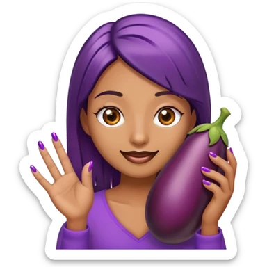 Emoji with long eyelashes and long fingernails holding an eggplant  sticker