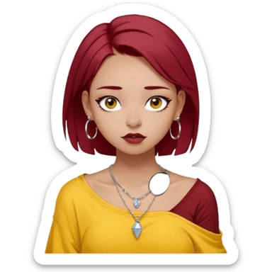 generate a pretty bratz girl with dark brown eyes. Dark red hair straight long. wearing a yellow oversized tee falling off her shoulder, dainty silver necklace, silver hoops, septum piercings. big eyeliner sticker