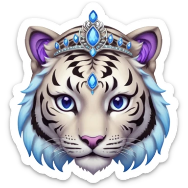 ESO Female white/black tiger khajiit leader of the umbral rose, glowing blue eyes, glowing blue 'third eye' gem; purple gemmed silver tiara sticker