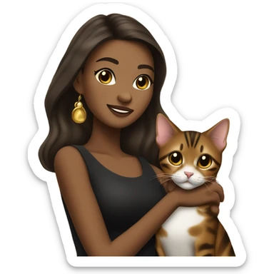Beautiful skinny woman long dark brown hair in dark dress with gold earrings hug bengal cat sticker