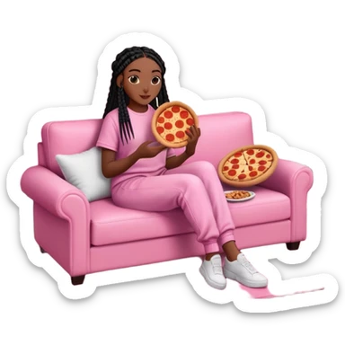 A dark-brown-skinned Black woman with black box braids, sitting on a pink couch, holding an open pizza box.She’s wearing comfy loungewear, looking relaxed and enjoying her food. sticker