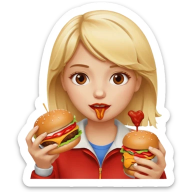 A blonde girl eating a burger sticker