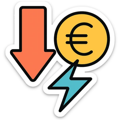 icon representing energy cost reduction with a downward arrow and euro symbol, modern style sticker