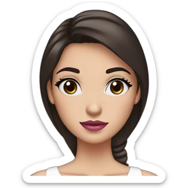 Women with long dark brown hair and long eyelashes blue eyes with pink lips and thick dark brown eyebrows wearing a white dress sticker