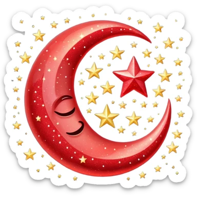 Beautiful sparkly glittery shiny pretty red crescent and stars scenery sticker