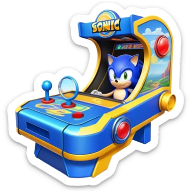 An icon representing an arcade game interface, inspired by Sonic. The design features colorful platforms, loops, and rings, with Sonic racing through a vibrant landscape. The iconic HUD elements, like score and timer, are visible. A transparent background. sticker