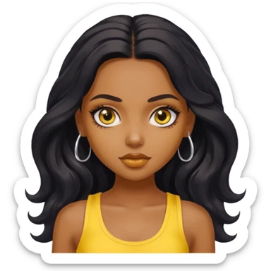 a pretty bratz dusky girl with long wavy black hair, kajal under eyes, yellow tank top sticker