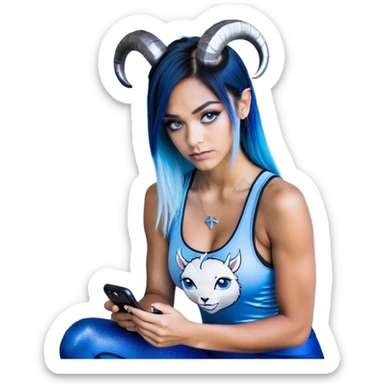 Disapponted-big tears-head back texting on phone-very very large upper body-sexy face-bending forward at waist-very long very straight dark blue to light blue ombre hair-and-blue eyes-thick black eyeliner-cute goat horns-iridescent blue lowcut tanktop with black leggings with glitter superman logo sticker