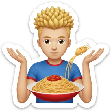 una persona de 18 años marron clarito con el pelo amrillo rizado con una camiseta roja y azul con un logo circular dorado y levantando unos spagethis y que tenga el pelo para abajo con boicano sticker