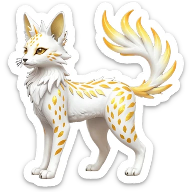 Epic complex fantasy glorious detailed futuristic divine godly angelic feathery sunny, white, albino, pastel, golden, orange glowing sparkly, realistic Fakémon-Trico-Sergal-Serval-Solgaleo-Vernid-creature (full body) solarpunk, shiny sparkly with a gold laurel sticker