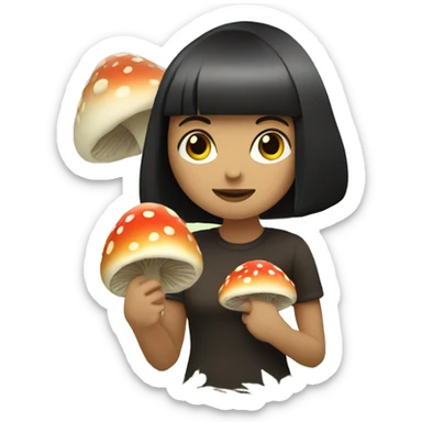 female with fair skin, dark bob and a fringe is picking up mushrooms in a forest sticker