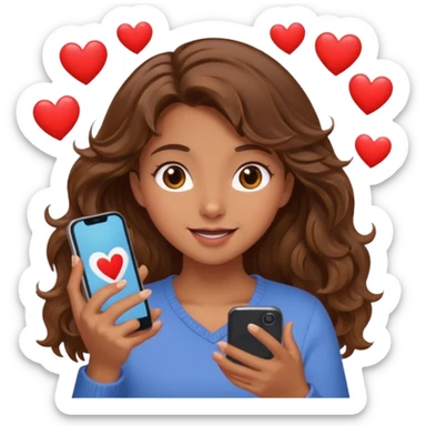 Girl with wavy brown hair and hazel eyes Looking at phone and in love and she is excited and hot with hearts sticker
