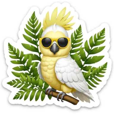 sulfer crested cockatoo wearing sunglasses sitting in a green fern tree sticker