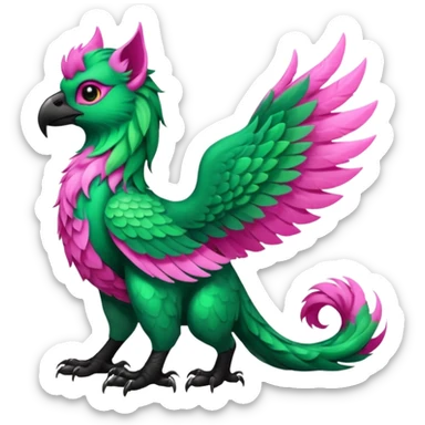 Emerald-green gryphon with a long tufted tail, black beak, pink swirly pattern markings, black claws, black tail, majestic, realistic, furry (full body) sticker