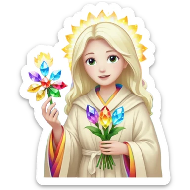 a being of light with a robe on made of light and who is lanky holding a bouquet of crystal flowers on rainbow fire sticker