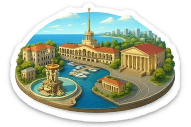 Изометричная, яркая, детализированная и фотореалистичная иллюстрация панорамы города Cочи на круглой подставке в стиле 3D-коллажей городов, здание Морского Порта, Зимний театр, Санаторий имени С. Орджоникидзе, море, причал, яхты чёткие линии, слегка мультяшная стилистика, прозрачный фон, не обрезать края картинки sticker